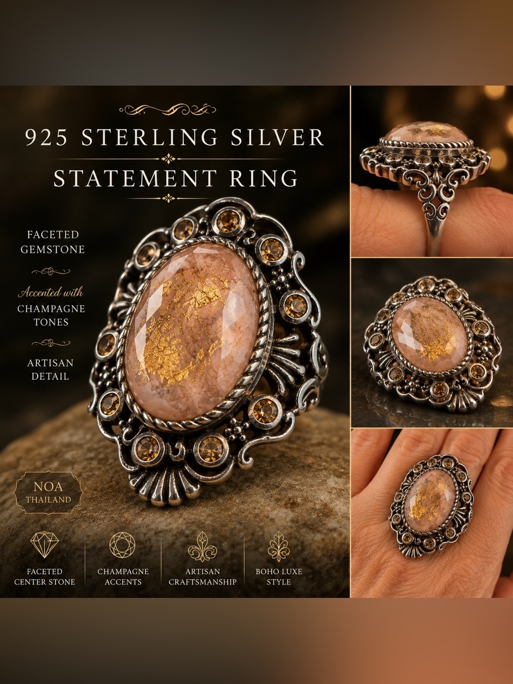 VTG Noa Thailand 925 Sterling Floatin 24k Gold Leaf Rose Quartz Statemen Ring